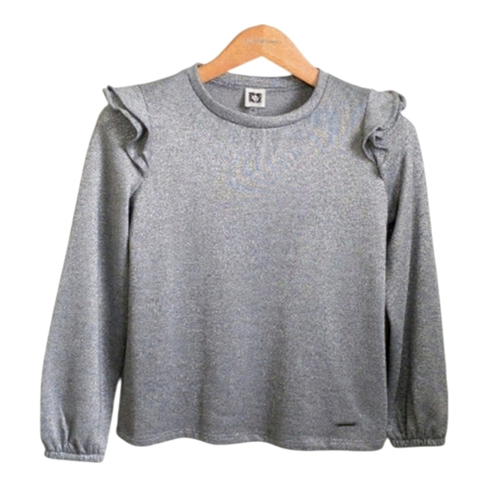 Anne Klein Cotton Knit Top Silver Shimmer Ruffle Sleeve Size Small NWT